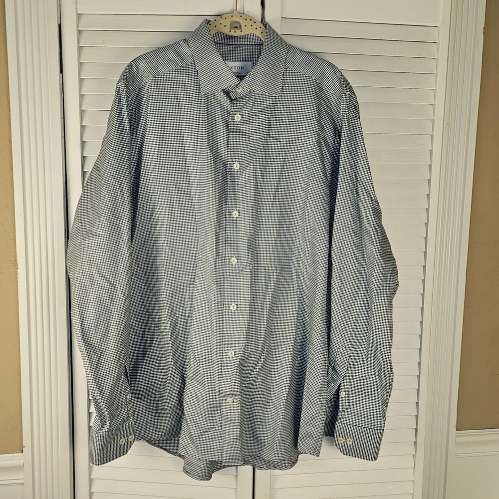 Eton Contemporary Mens Blue‎ Black Long Sleeve Button Down Shirt Large 42 16.5